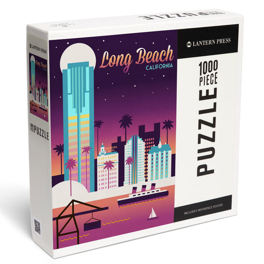 Long Beach, California, Retro Skyline Chromatic Series, Jigsaw Puzzle Puzzle Lantern Press 