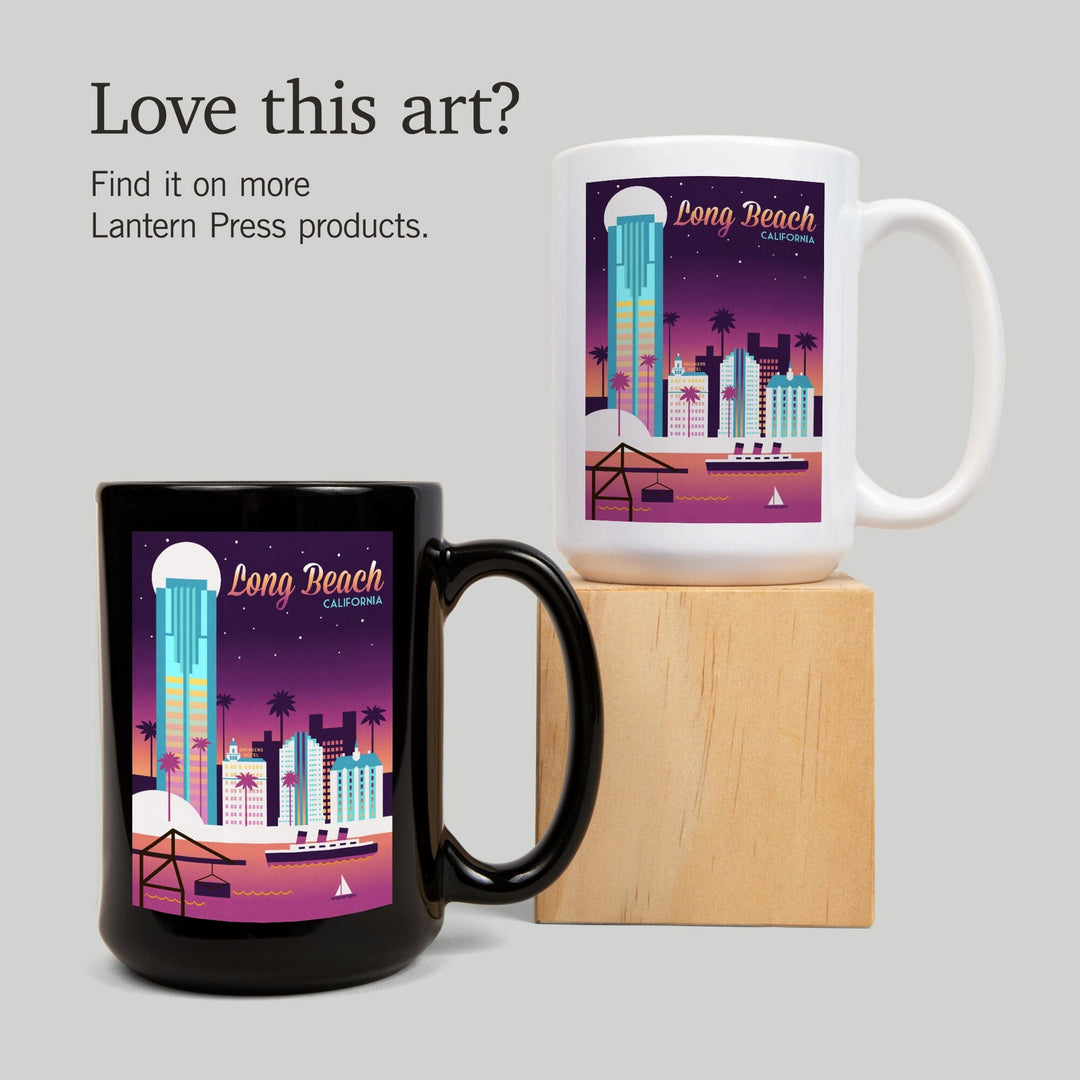Long Beach, California, Retro Skyline Chromatic Series, Lantern Press Artwork, Ceramic Mug Mugs Lantern Press 