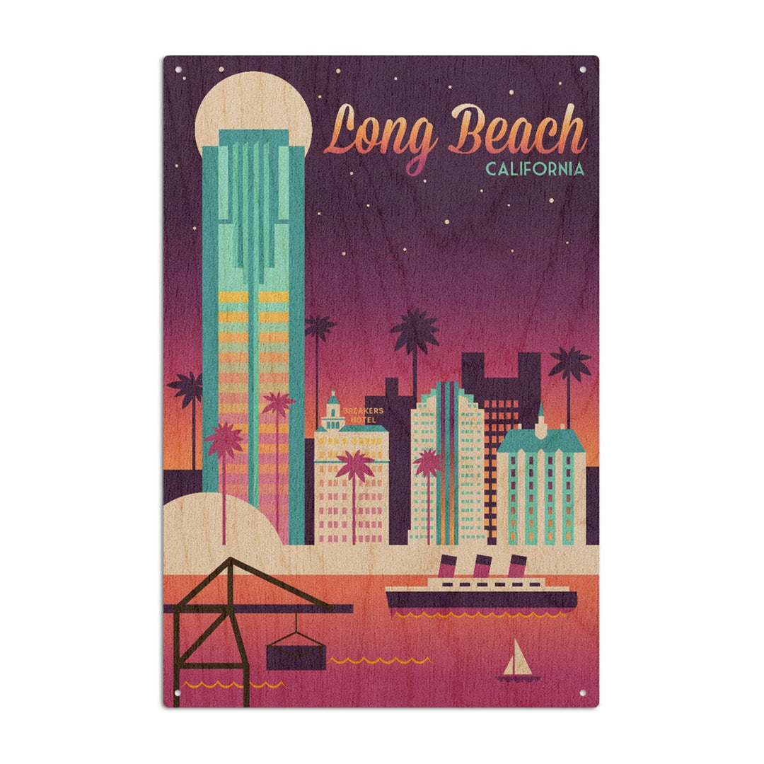 Long Beach, California, Retro Skyline Chromatic Series, Lantern Press Artwork, Wood Signs and Postcards Wood Lantern Press 10 x 15 Wood Sign 