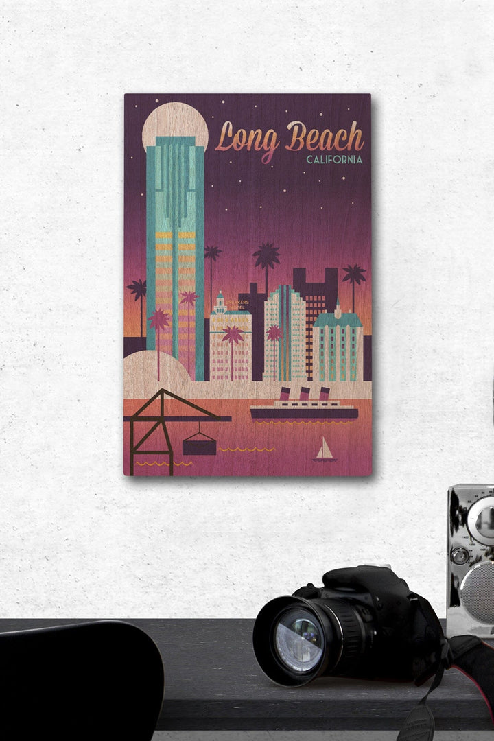 Long Beach, California, Retro Skyline Chromatic Series, Lantern Press Artwork, Wood Signs and Postcards Wood Lantern Press 12 x 18 Wood Gallery Print 