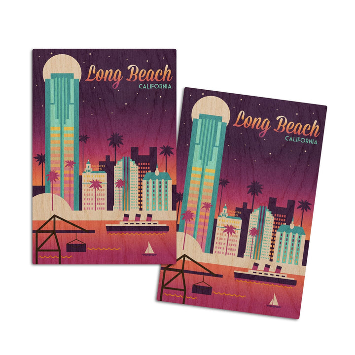 Long Beach, California, Retro Skyline Chromatic Series, Lantern Press Artwork, Wood Signs and Postcards Wood Lantern Press 4x6 Wood Postcard Set 