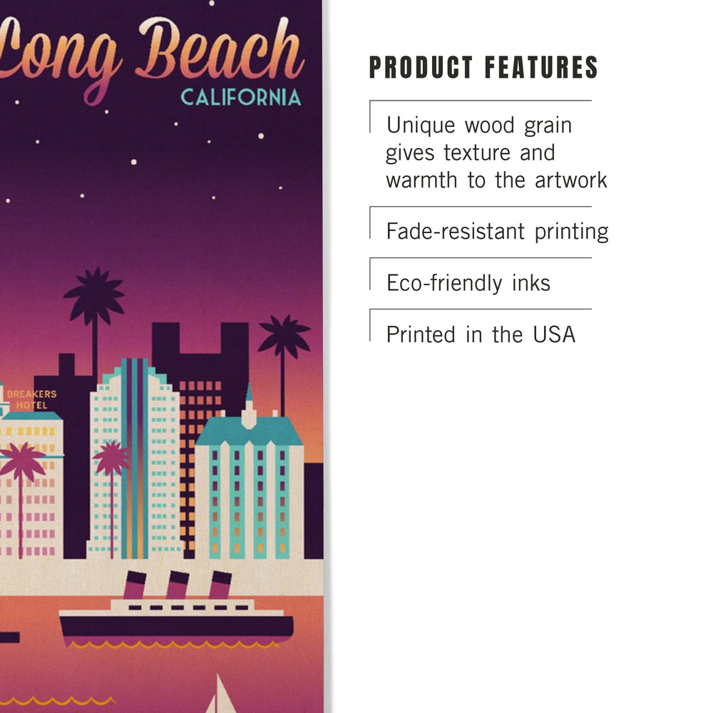 Long Beach, California, Retro Skyline Chromatic Series, Lantern Press Artwork, Wood Signs and Postcards Wood Lantern Press 