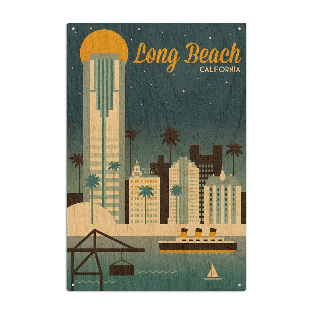Long Beach, California, Retro Skyline Classic Series, Lantern Press Artwork, Wood Signs and Postcards Wood Lantern Press 10 x 15 Wood Sign 