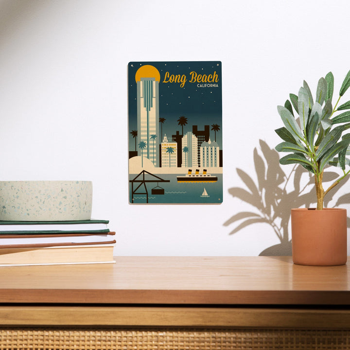Long Beach, California, Retro Skyline Classic Series, Lantern Press Artwork, Wood Signs and Postcards Wood Lantern Press 