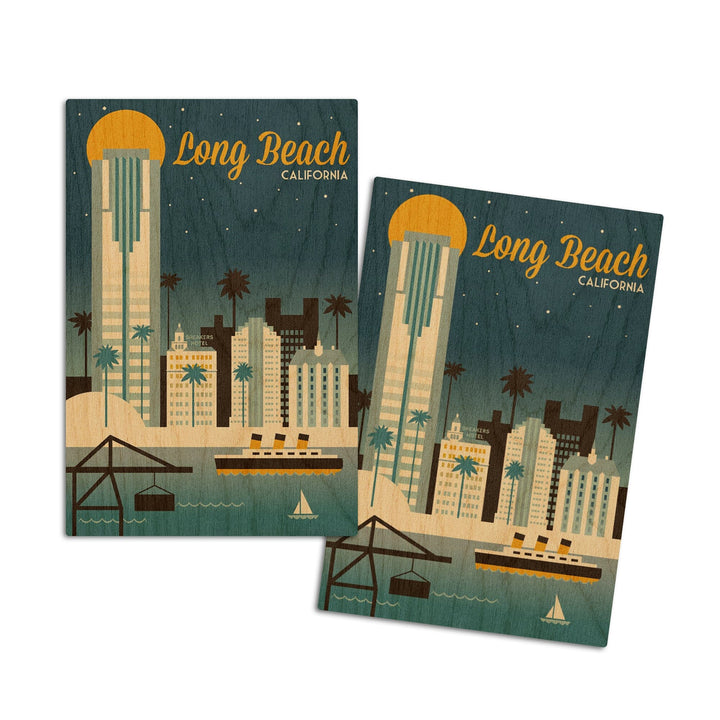 Long Beach, California, Retro Skyline Classic Series, Lantern Press Artwork, Wood Signs and Postcards Wood Lantern Press 4x6 Wood Postcard Set 