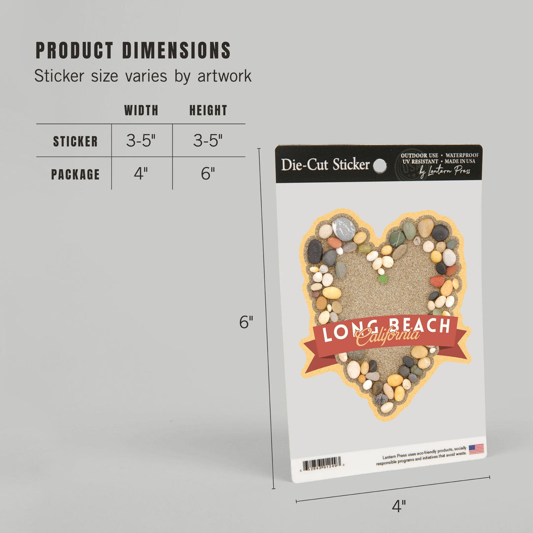 Long Beach, California, Stone Heart on Sand, Contour, Vinyl Sticker Sticker Lantern Press 