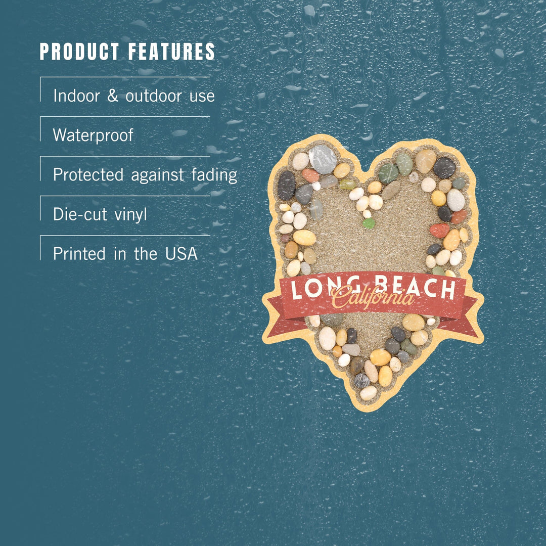 Long Beach, California, Stone Heart on Sand, Contour, Vinyl Sticker Sticker Lantern Press 