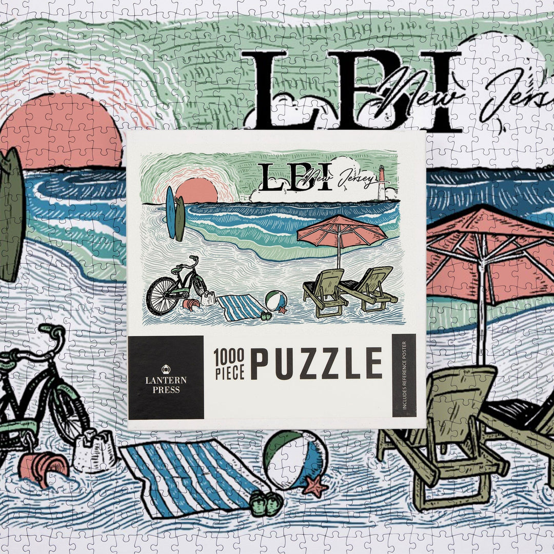 Long Beach Island, New Jersey, Barnegat Light, Beach Scene, Sketch, Jigsaw Puzzle Puzzle Lantern Press 