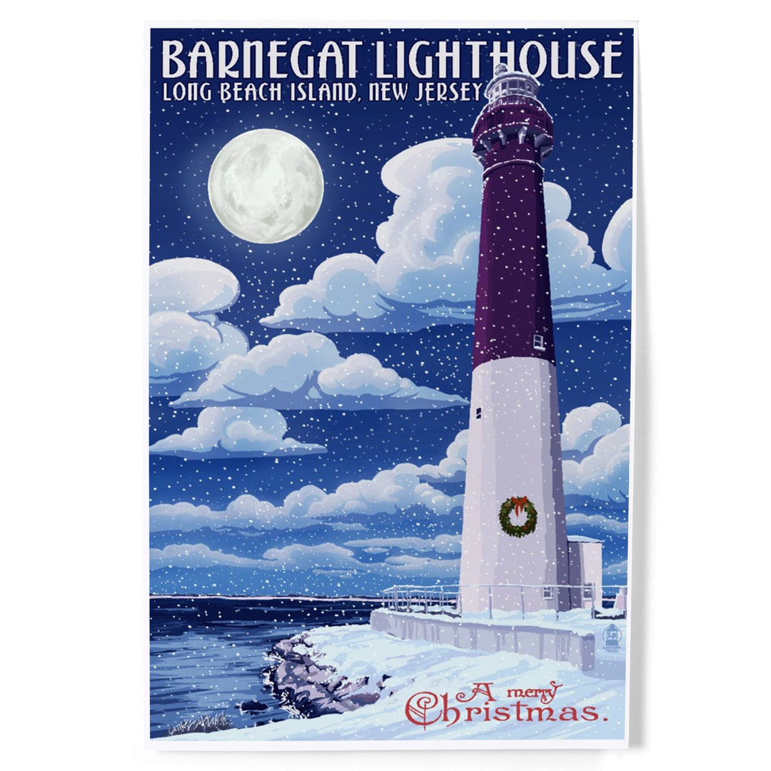 Long Beach Island, New Jersey, Barnegat Lighthouse Christmas Scene, Art & Giclee Prints Art Lantern Press 