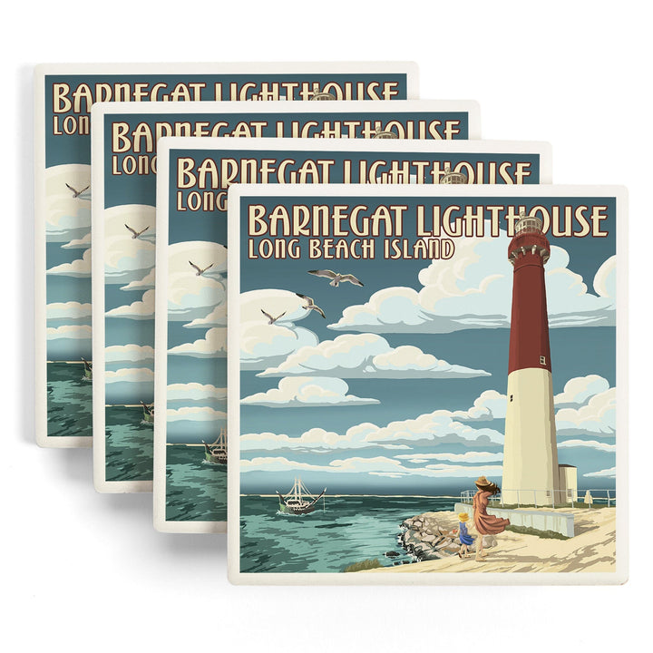 Long Beach Island, New Jersey, Barnegat Lighthouse, Lantern Press Artwork, Coaster Set - Lantern Press