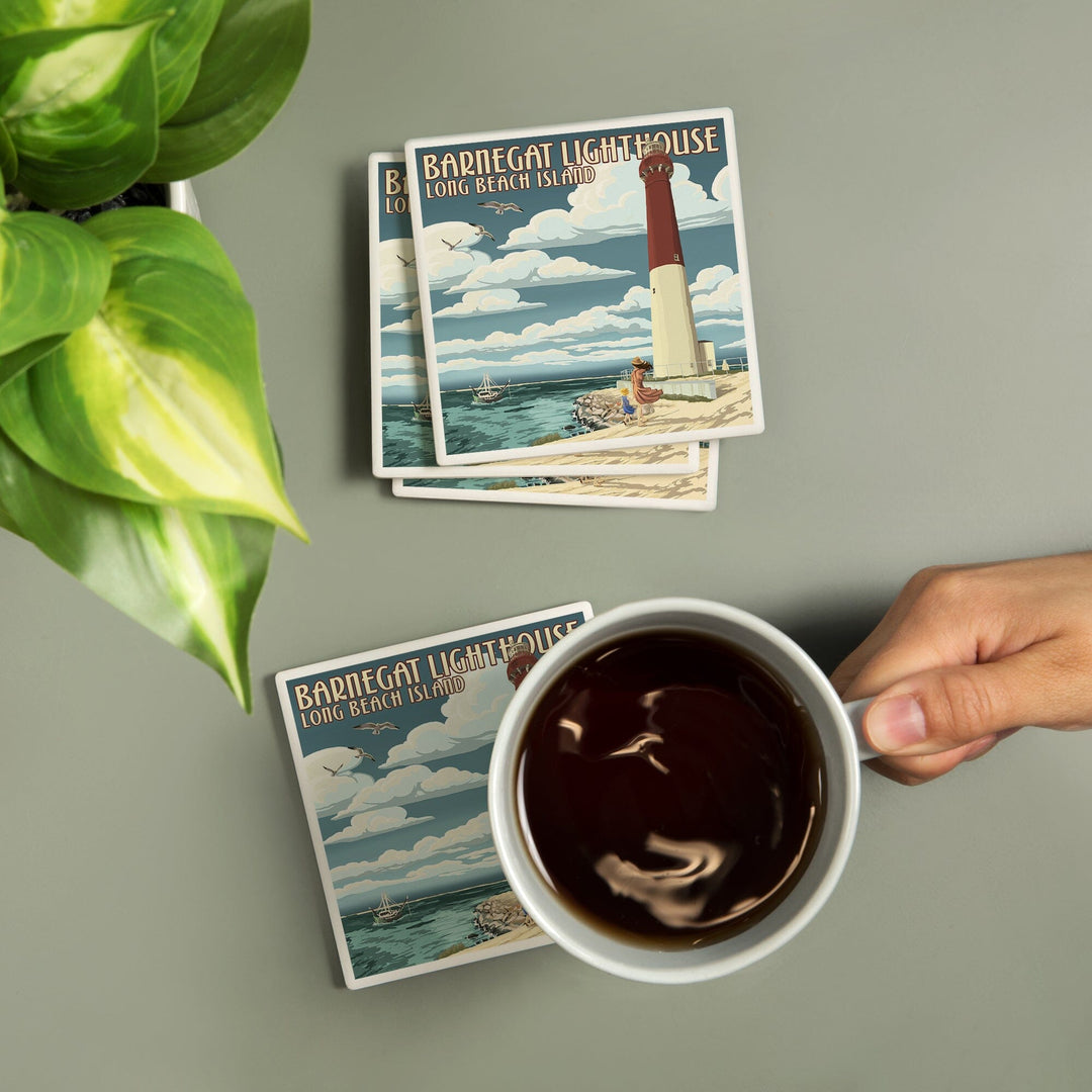 Long Beach Island, New Jersey, Barnegat Lighthouse, Lantern Press Artwork, Coaster Set - Lantern Press