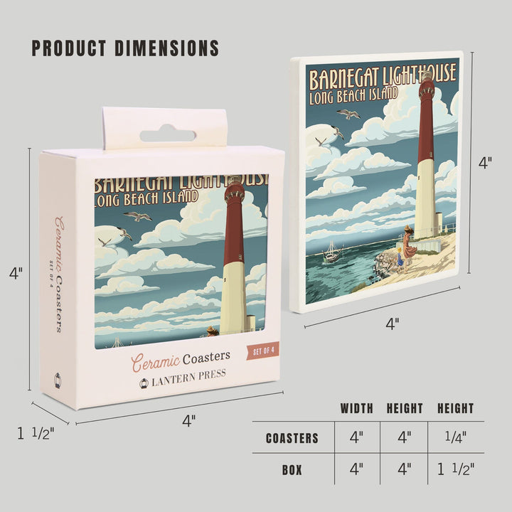 Long Beach Island, New Jersey, Barnegat Lighthouse, Lantern Press Artwork, Coaster Set - Lantern Press