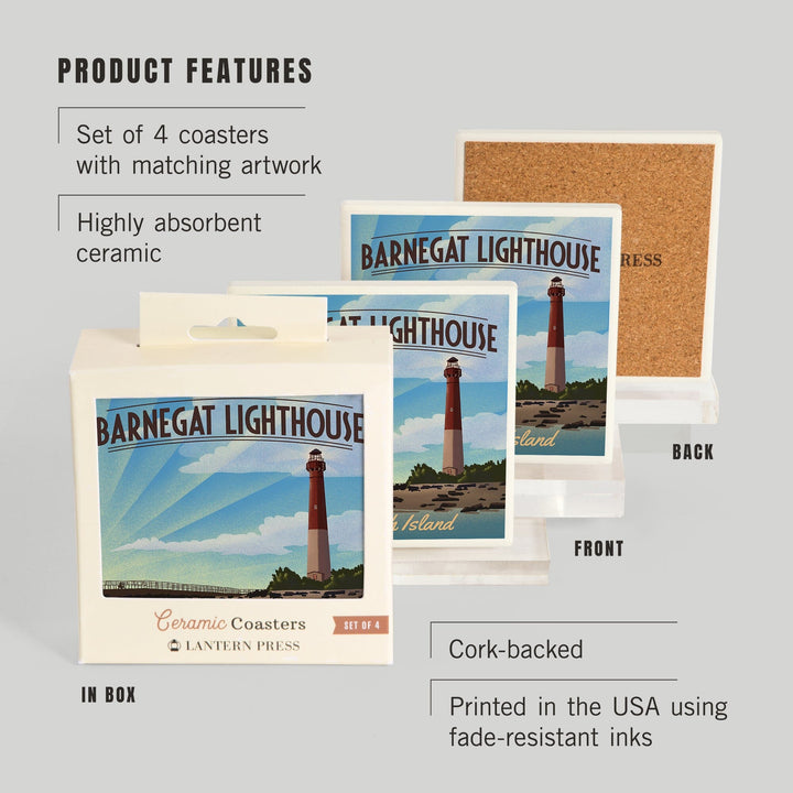 Long Beach Island, New Jersey, Barnegat Lighthouse, Lithograph, Lantern Press Artwork, Coaster Set - Lantern Press