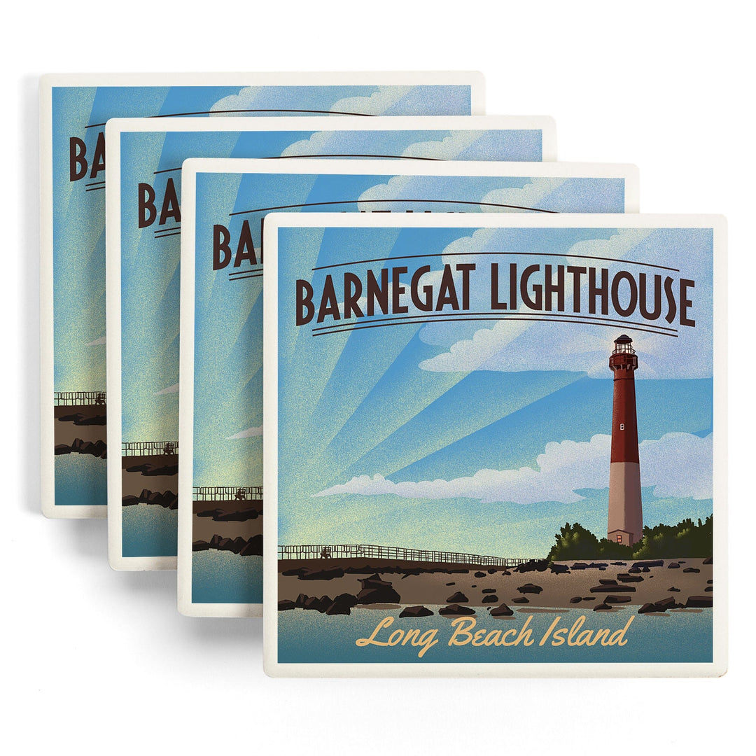 Long Beach Island, New Jersey, Barnegat Lighthouse, Lithograph, Lantern Press Artwork, Coaster Set - Lantern Press