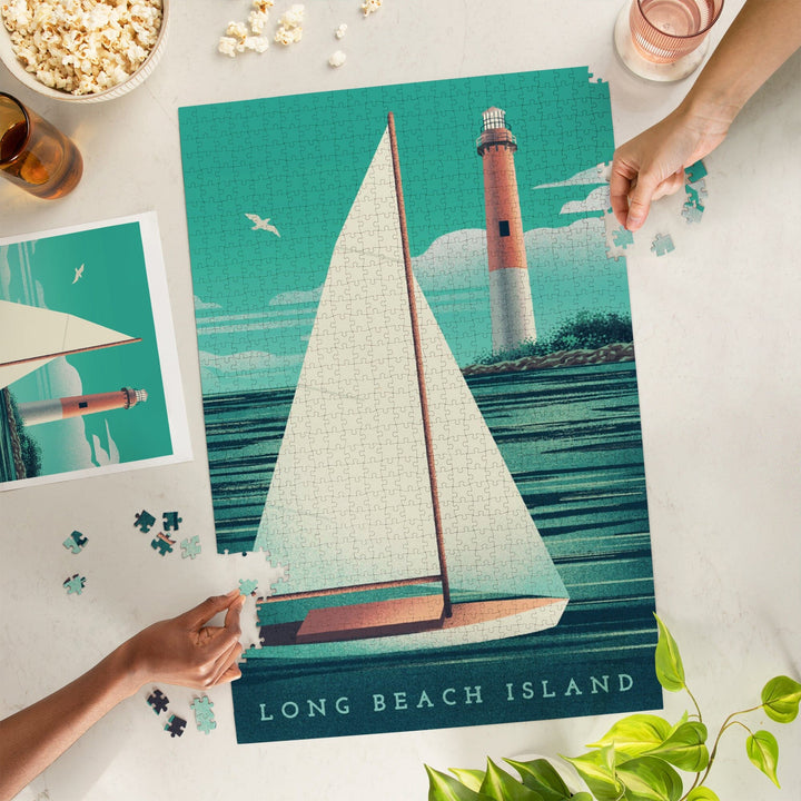 Long Beach Island, New Jersey, Beaming Lighthouse Collection, Lighthouse and Sailboat at Daylight, Jigsaw Puzzle Puzzle Lantern Press 