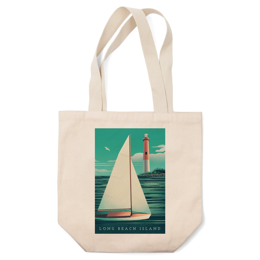 Long Beach Island, New Jersey, Beaming Lighthouse Collection, Lighthouse and Sailboat at Daylight, Tote Bag Totes Lantern Press 