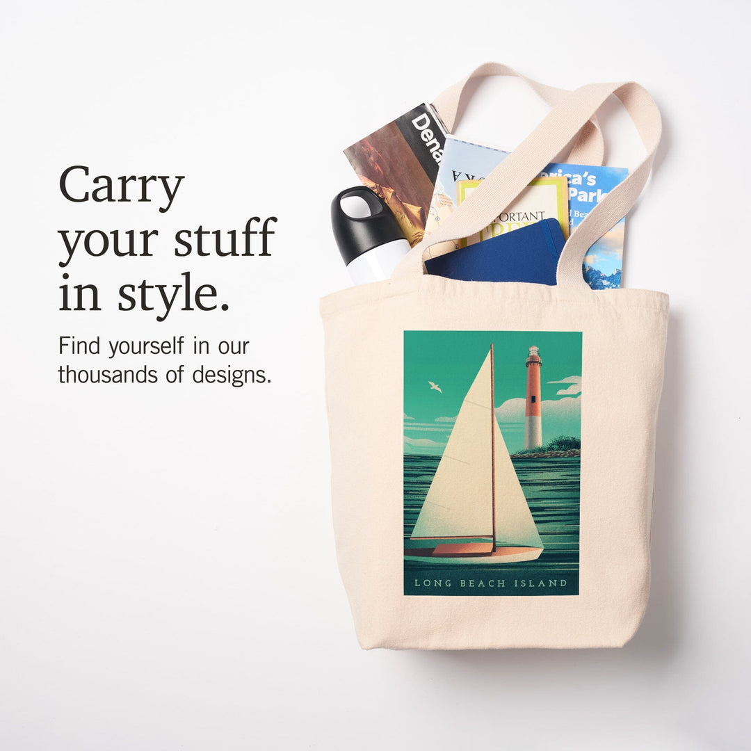 Long Beach Island, New Jersey, Beaming Lighthouse Collection, Lighthouse and Sailboat at Daylight, Tote Bag Totes Lantern Press 