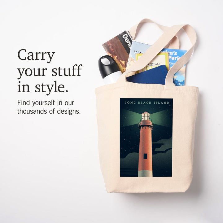Long Beach Island, New Jersey, Beaming Lighthouse Collection, Lighthouse at Night, Tote Bag Totes Lantern Press 