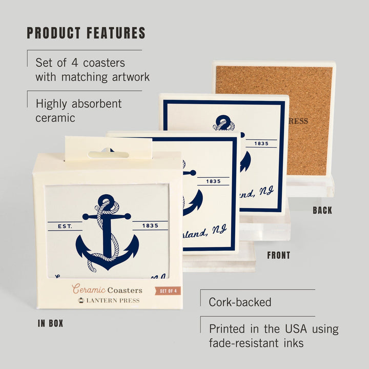 Long Beach Island, New Jersey, Blue and White Anchor, Coasters Coasters Lantern Press 