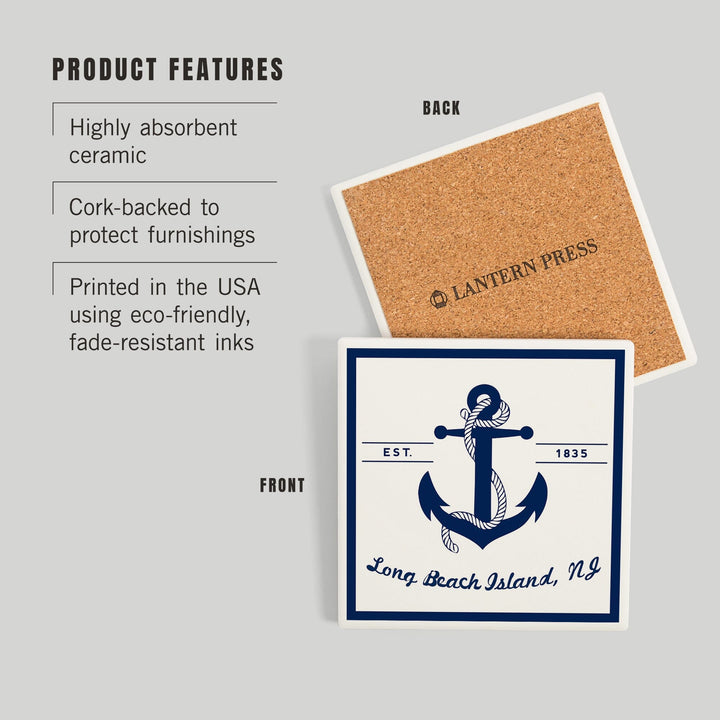 Long Beach Island, New Jersey, Blue and White Anchor, Coasters Coasters Lantern Press 