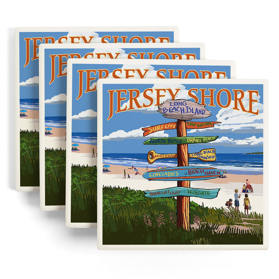 Long Beach Island, New Jersey, Destinations Sign, Lantern Press Artwork, Coaster Set - Lantern Press