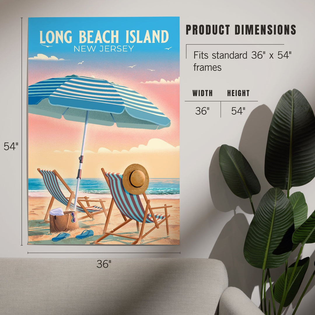 Long Beach Island, New Jersey, Lithograph, Beach Chair and Umbrella, Art & Giclee Prints Art Lantern Press 