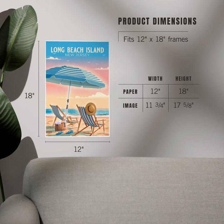 Long Beach Island, New Jersey, Lithograph, Beach Chair and Umbrella, Art & Giclee Prints Art Lantern Press 