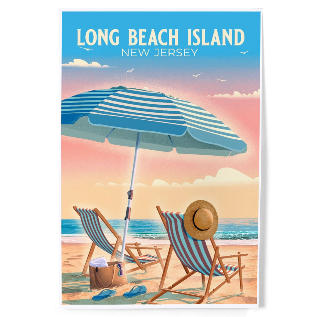 Long Beach Island, New Jersey, Lithograph, Beach Chair and Umbrella, Art & Giclee Prints Art Lantern Press 