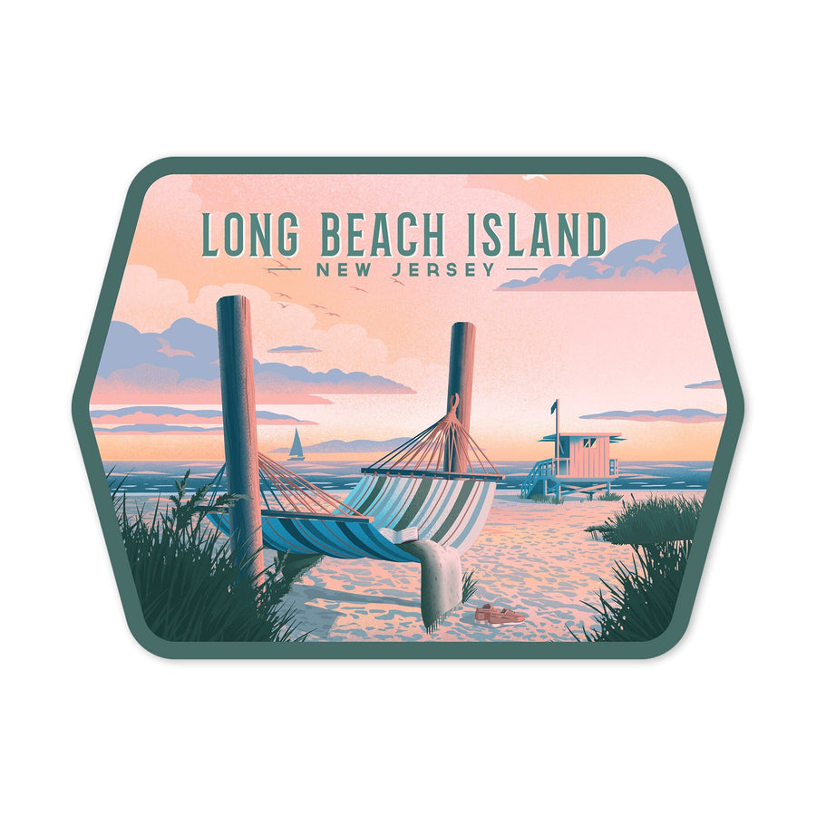 Long Beach Island, New Jersey, Lithograph, Sentiment, Hammock on Beach, Contour, Vinyl Sticker Sticker Lantern Press 