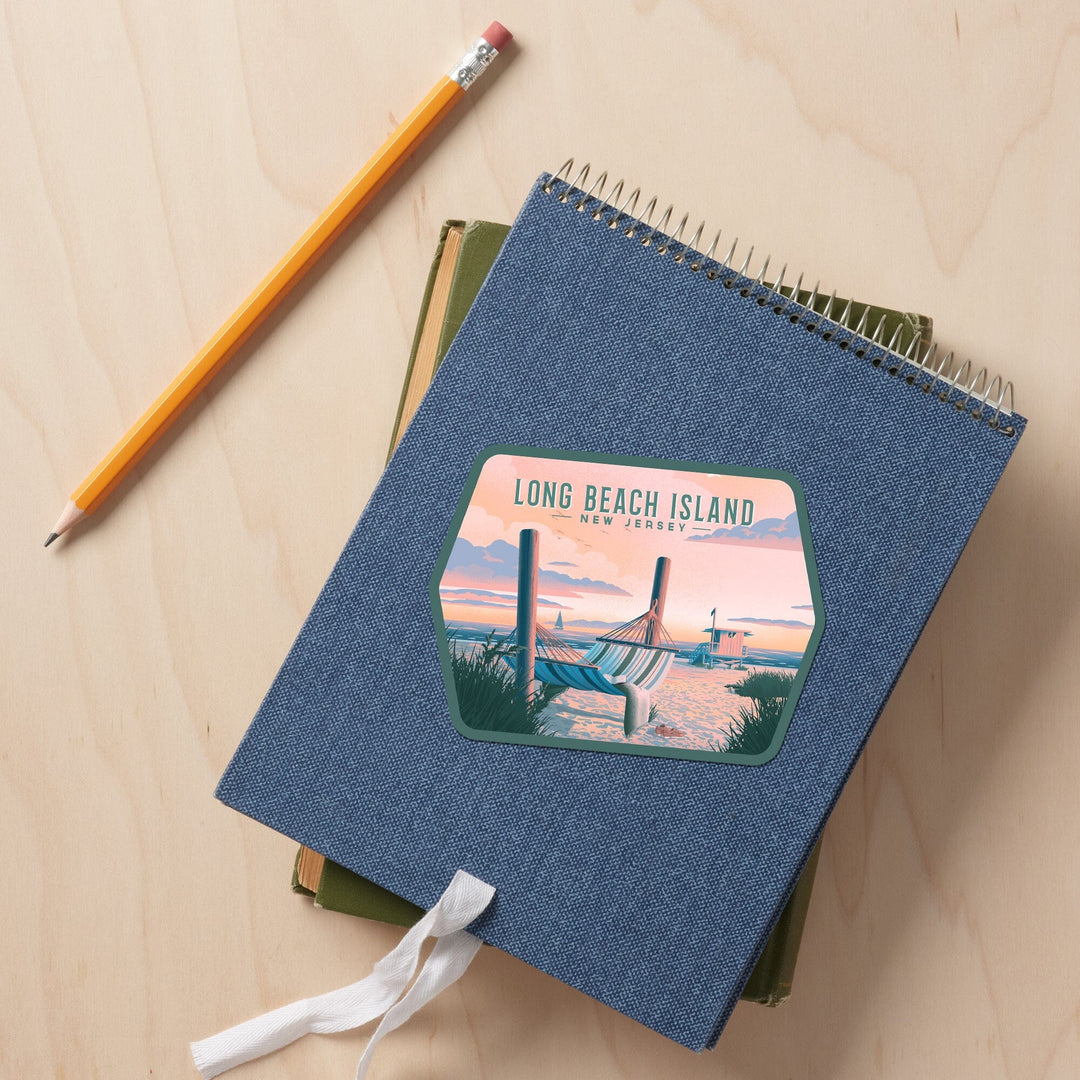 Long Beach Island, New Jersey, Lithograph, Sentiment, Hammock on Beach, Contour, Vinyl Sticker Sticker Lantern Press 