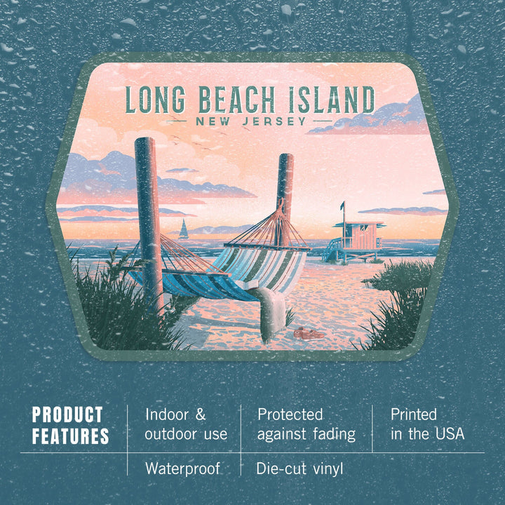 Long Beach Island, New Jersey, Lithograph, Sentiment, Hammock on Beach, Contour, Vinyl Sticker Sticker Lantern Press 