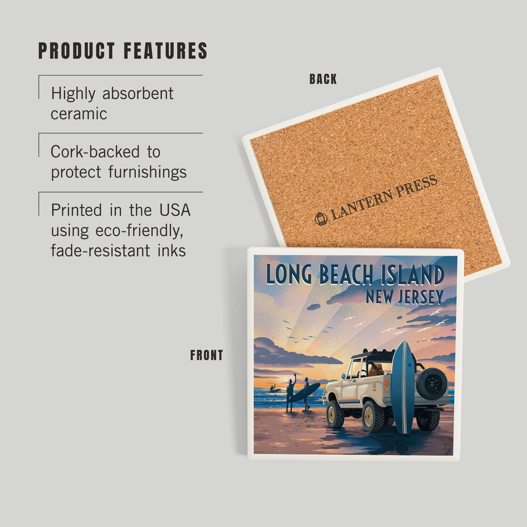 Long Beach Island, New Jersey, Lithograph, Surfers on Beach, Coasters Coasters Lantern Press 