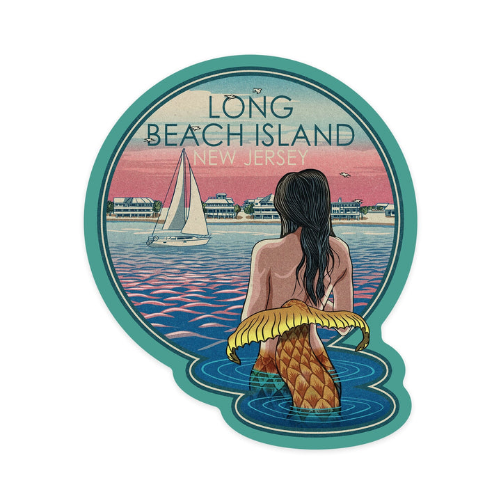 Long Beach Island, New Jersey, Mermaid and Beach, Woodblock, Contour, Vinyl Sticker Sticker Lantern Press 