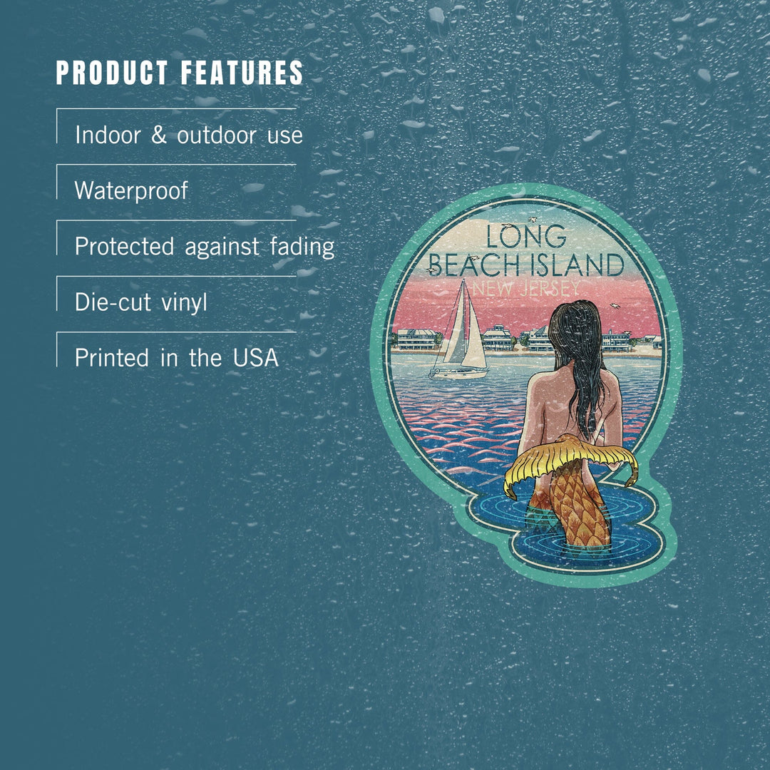 Long Beach Island, New Jersey, Mermaid and Beach, Woodblock, Contour, Vinyl Sticker Sticker Lantern Press 