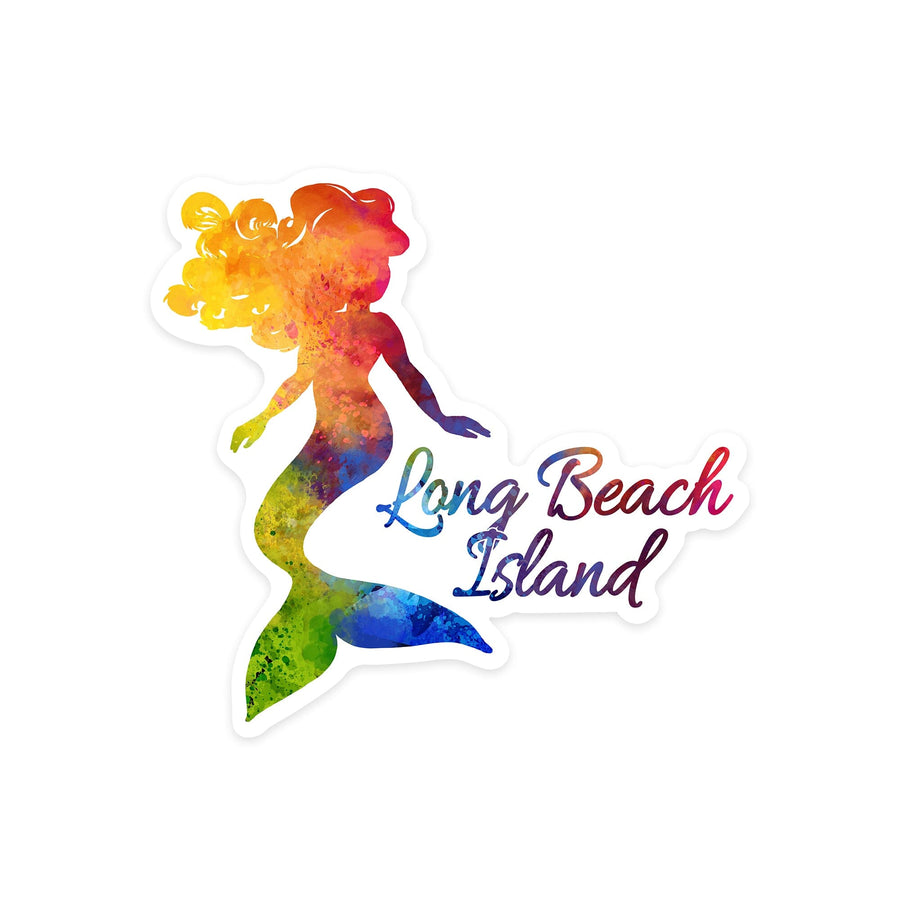 Long Beach Island, New Jersey, Mermaid Silhouette, Rainbow Watercolor, Contour Press, Vinyl Sticker - Lantern Press