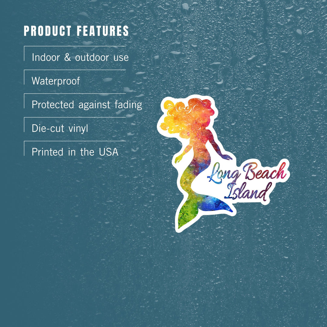 Long Beach Island, New Jersey, Mermaid Silhouette, Rainbow Watercolor, Contour Press, Vinyl Sticker - Lantern Press