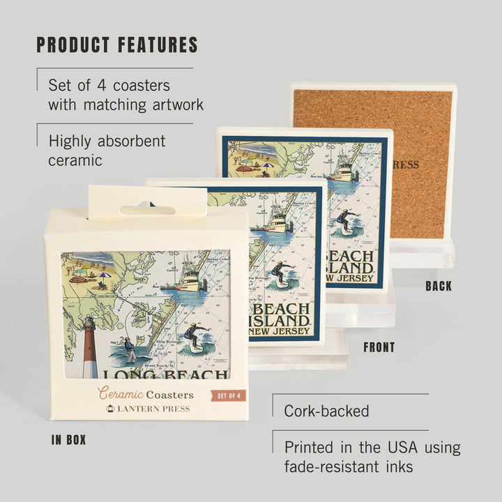 Long Beach Island, New Jersey, Nautical Chart, Lantern Press Artwork, Coaster Set - Lantern Press