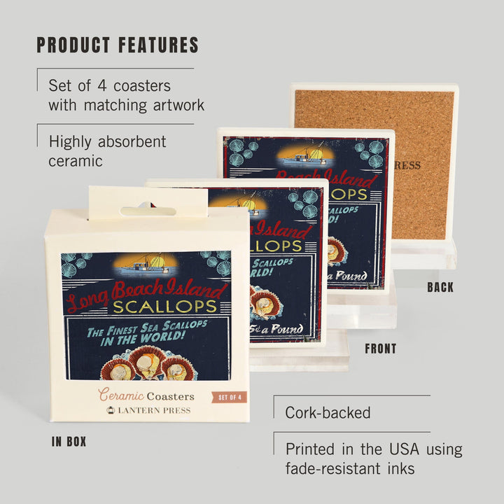 Long Beach Island, New Jersey, Scallops Vintage Sign, Coasters Coasters Lantern Press 