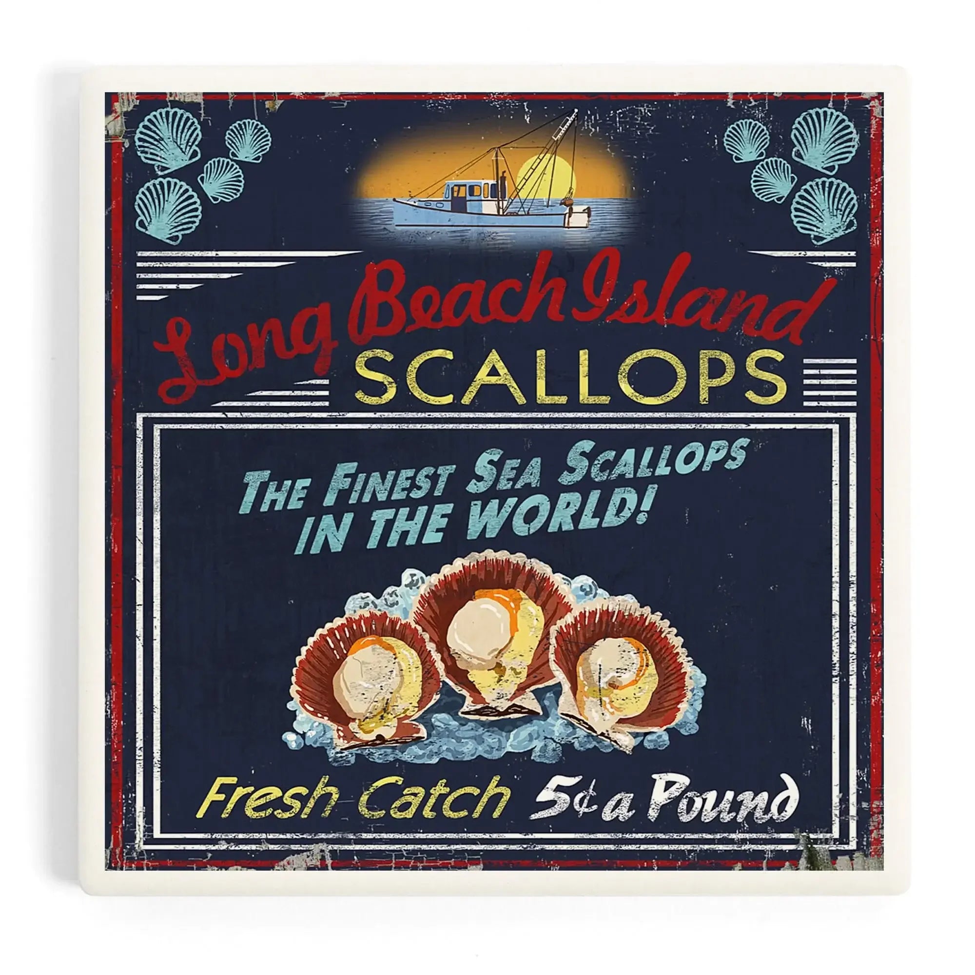 Long Beach Island, New Jersey, Scallops Vintage Sign ceramic coaster ...