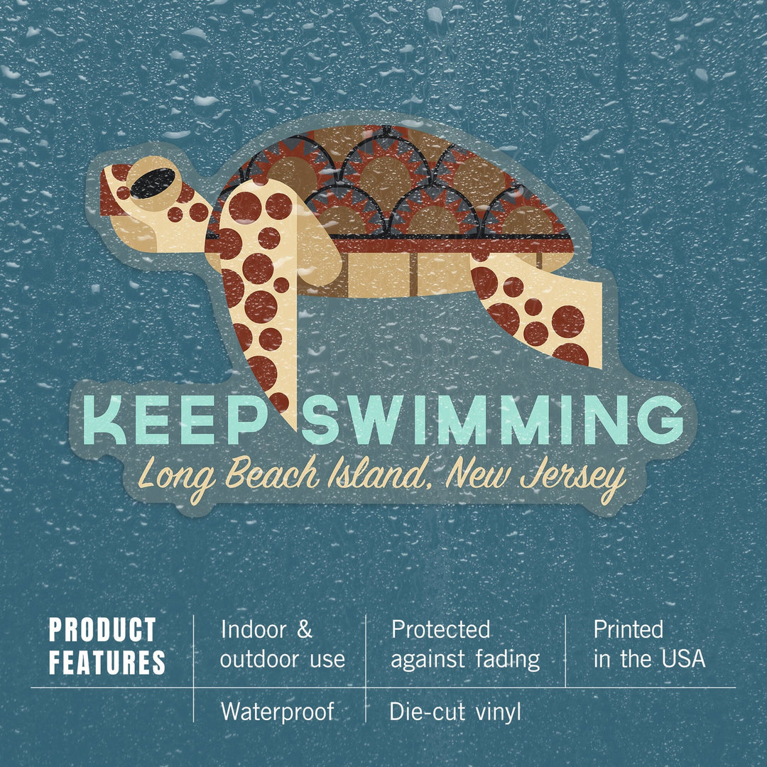 Long Beach Island, New Jersey, Sea Turtle, Keep Swimming, Geometric, Contour, Lantern Press Artwork, Vinyl Sticker Sticker Lantern Press 