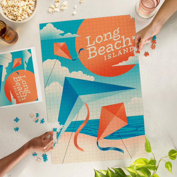 Long Beach Island, New Jersey, Sun-faded Shoreline Collection, Kites on Beach, Jigsaw Puzzle Puzzle Lantern Press 