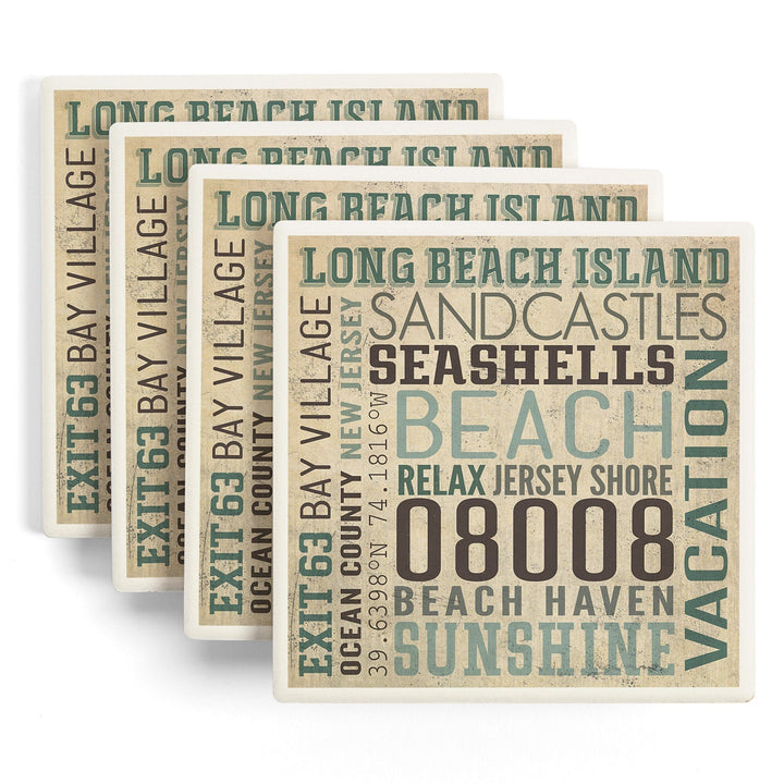 Long Beach Island, New Jersey, Typography (#2), Lantern Press Artwork, Coaster Set - Lantern Press