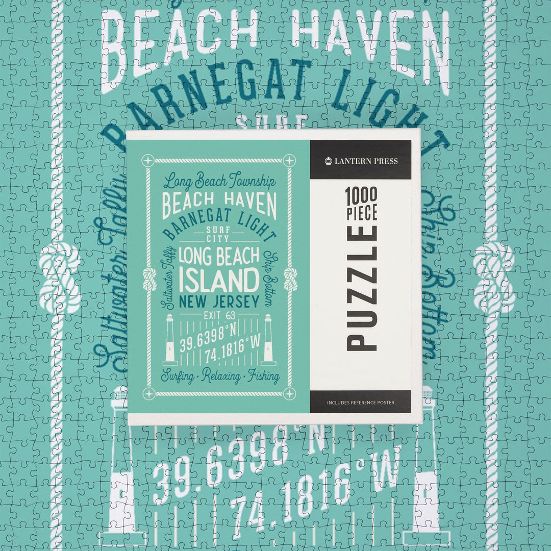 Long Beach Island, New Jersey, Typography Symmetrical, Jigsaw Puzzle Puzzle Lantern Press 