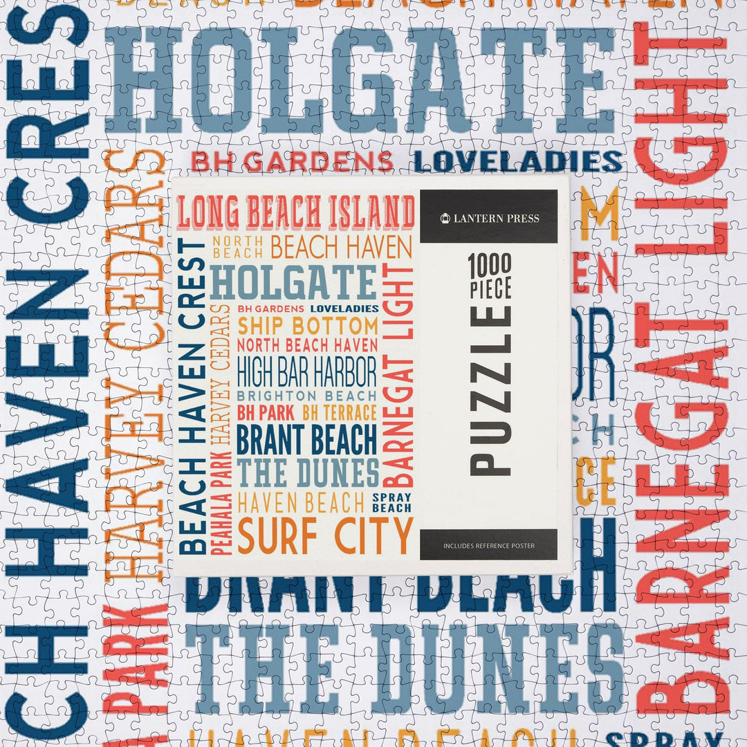 Long Beach Island, New Jersey, Typography (white), Jigsaw Puzzle Puzzle Lantern Press 