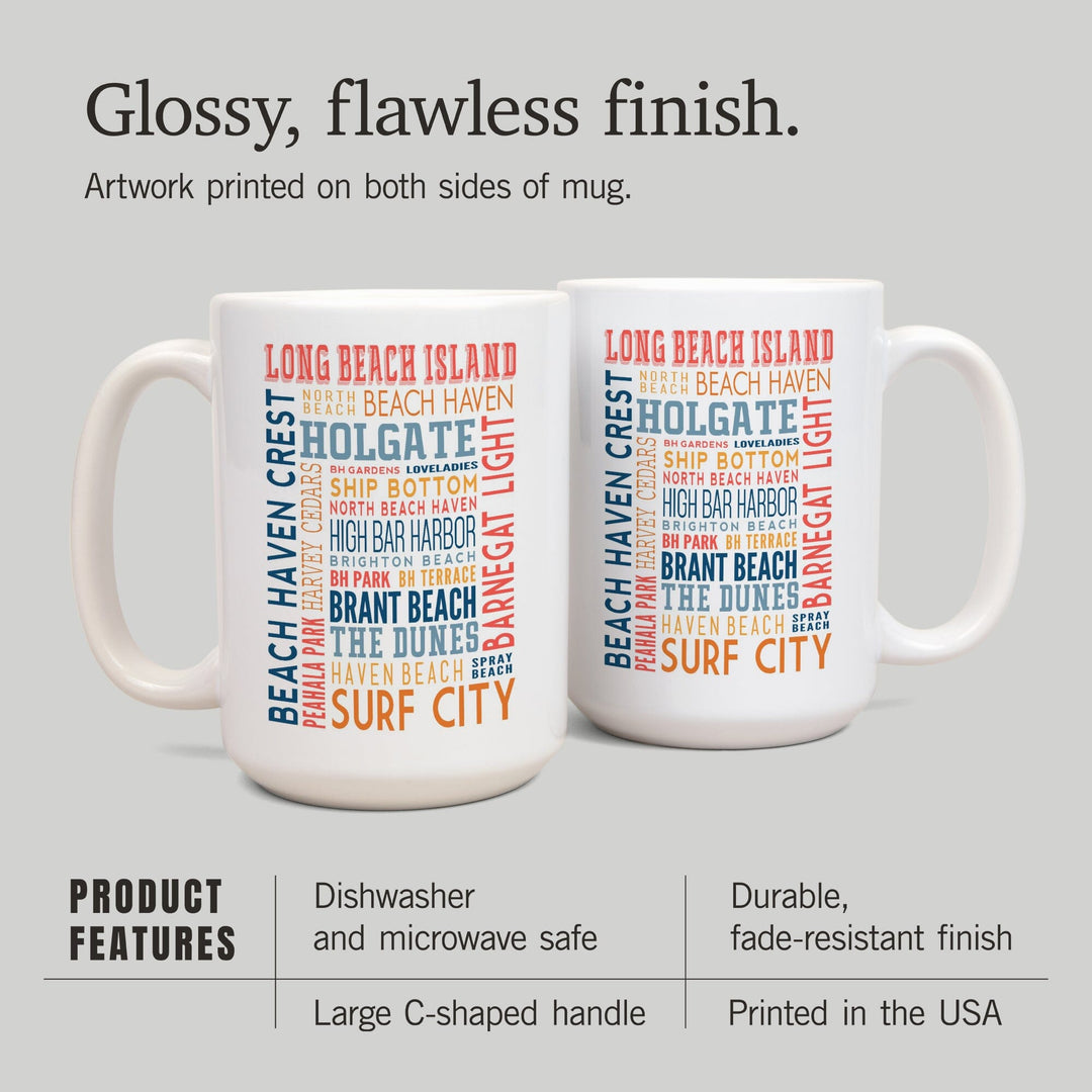Long Beach Island, New Jersey, Typography (white), Lantern Press Artwork, Ceramic Mug - Lantern Press