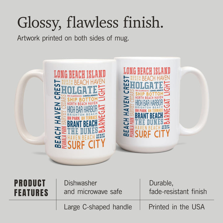 Long Beach Island, New Jersey, Typography (white), Lantern Press Artwork, Ceramic Mug - Lantern Press