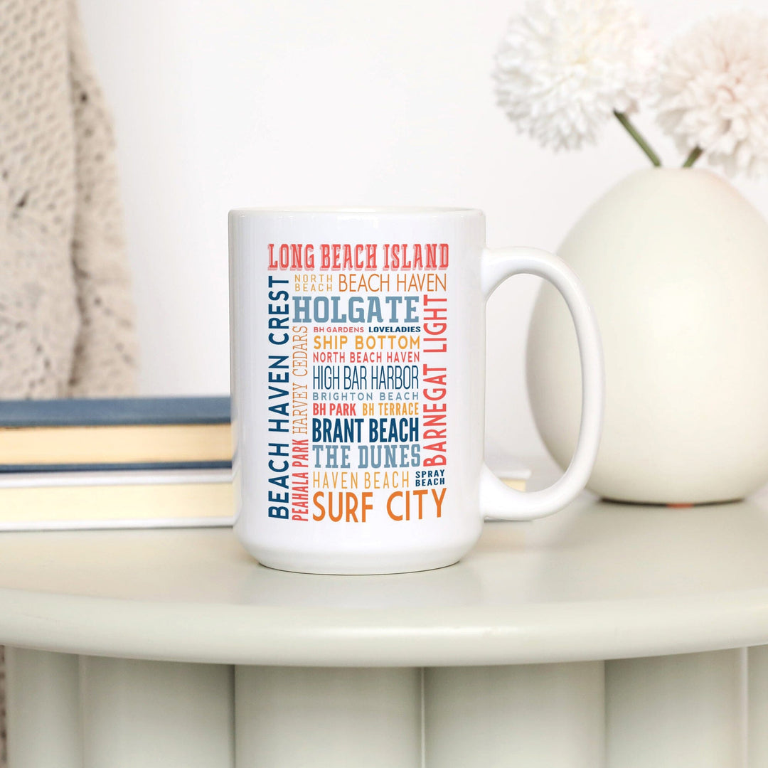 Long Beach Island, New Jersey, Typography (white), Lantern Press Artwork, Ceramic Mug - Lantern Press