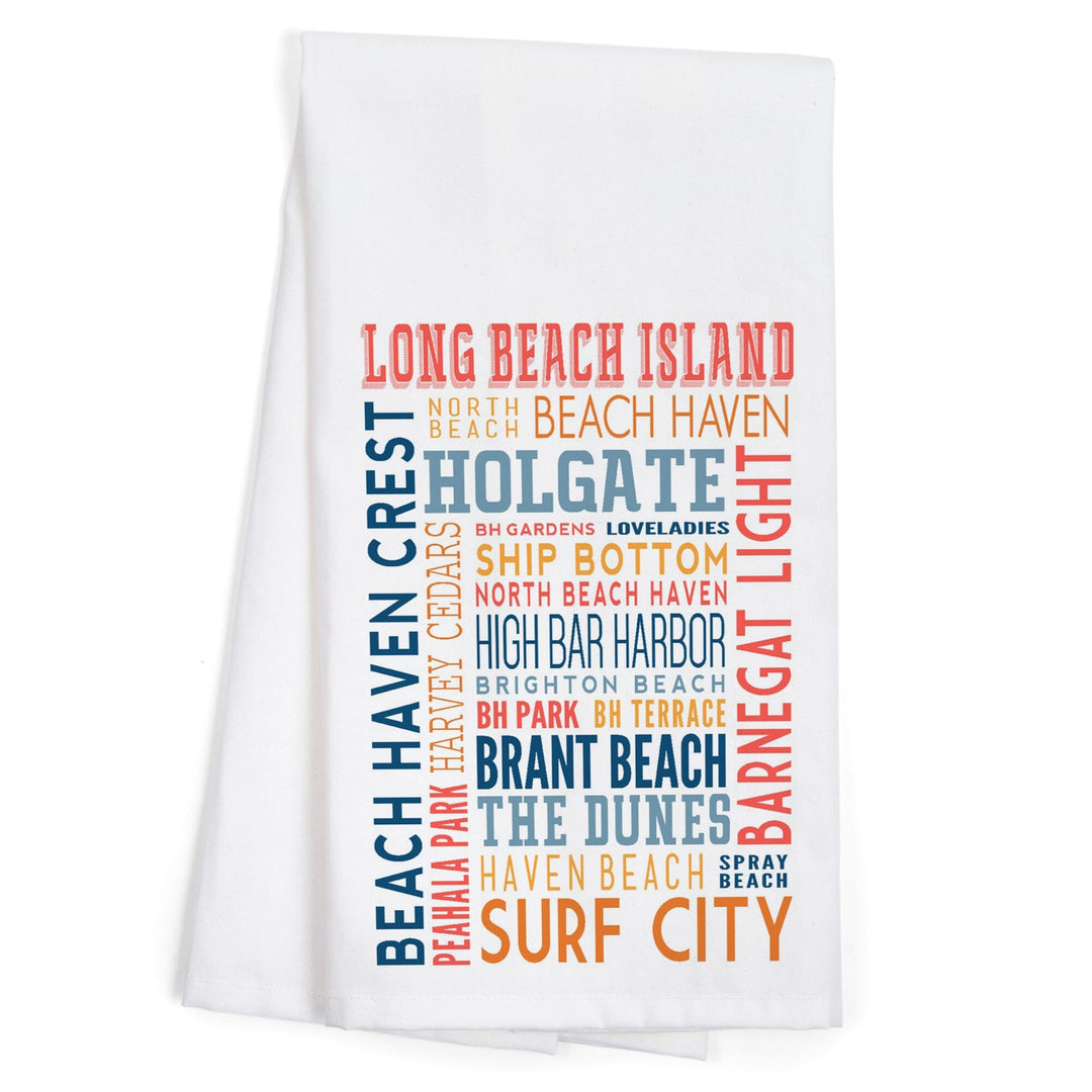 Long Beach Island, New Jersey, Typography (white), Organic Cotton Kitchen Tea Towels - Lantern Press