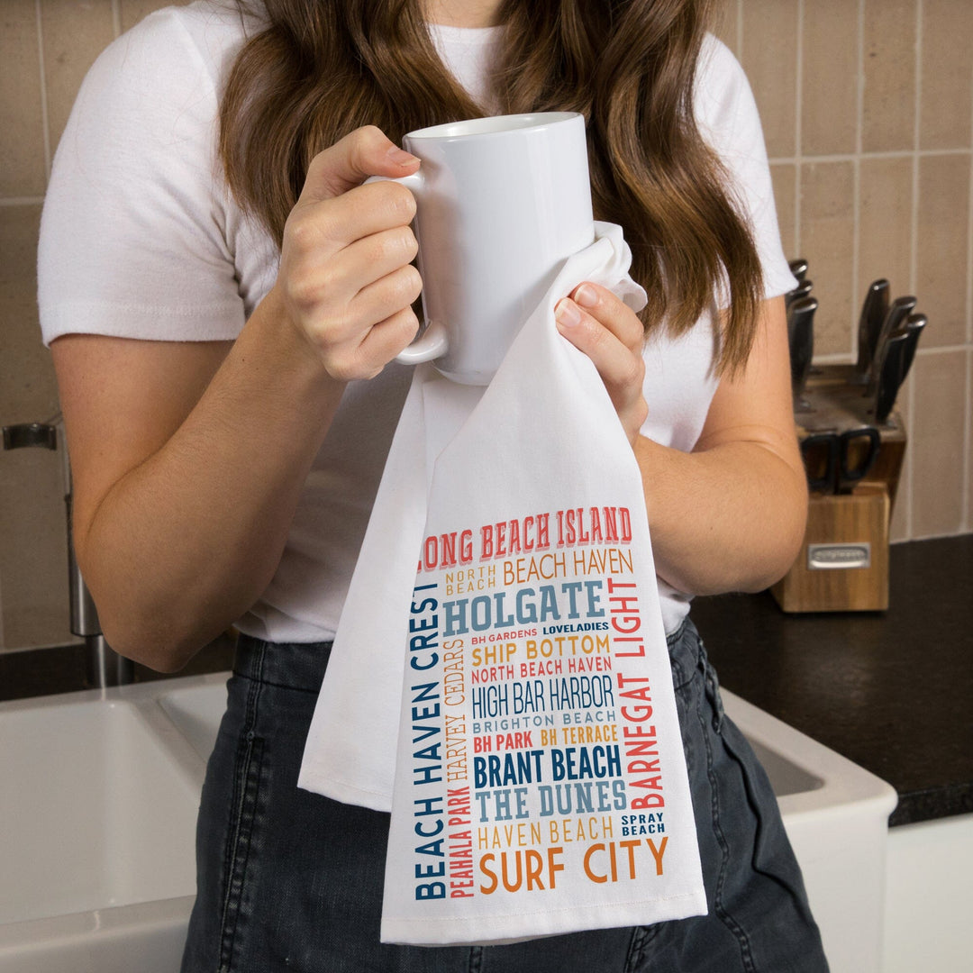 Long Beach Island, New Jersey, Typography (white), Organic Cotton Kitchen Tea Towels Kitchen Lantern Press 