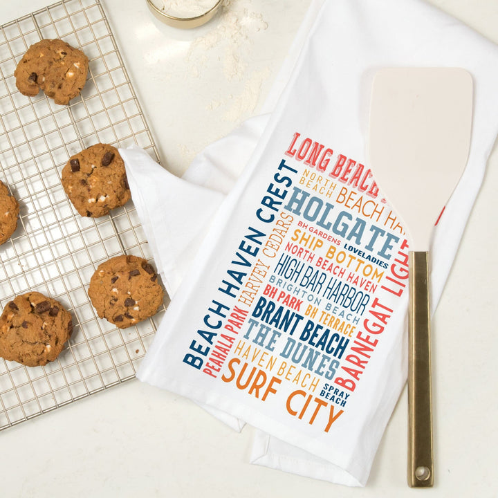 Long Beach Island, New Jersey, Typography (white), Organic Cotton Kitchen Tea Towels Kitchen Lantern Press 